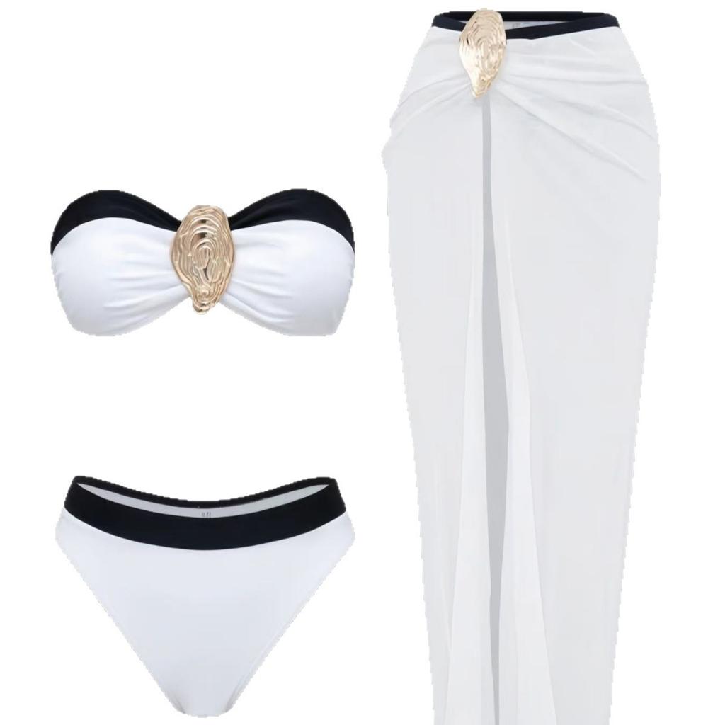 3 Piece Bandeau Bikini Set Sheer Long Skirt Cover Up Gold Decor Sexy Push Up Swimsuit Beach Vacation Bathing Suit for Women