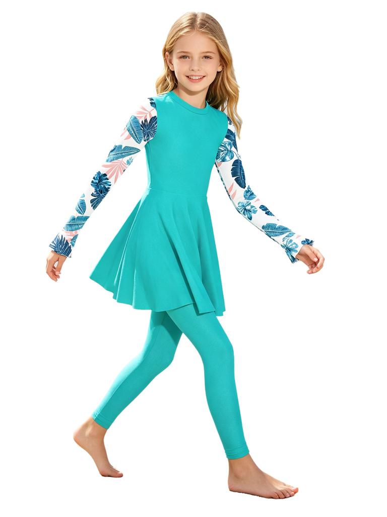 Kids Girls Two Piece Swimsuit Set Long Sleeve Floral Print Short Dress with Pants Rash Guard for Pool Beach Summer Swim