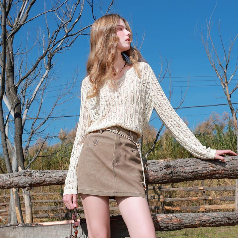 SanCai 2026 Spring Nomadic Style Openwork Knit Pullover