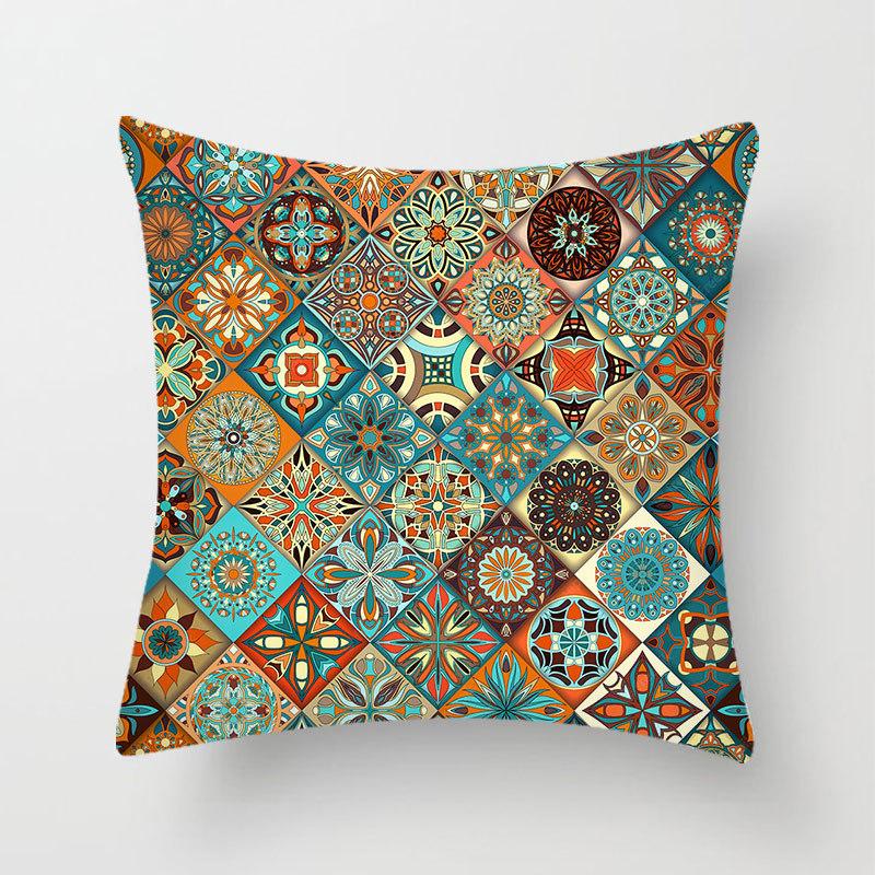 Household Stitching Colorful Mandala Printed Pillow Cover Bedroom Sofa Cushion Peach Leather Velvet Cushion Cover
