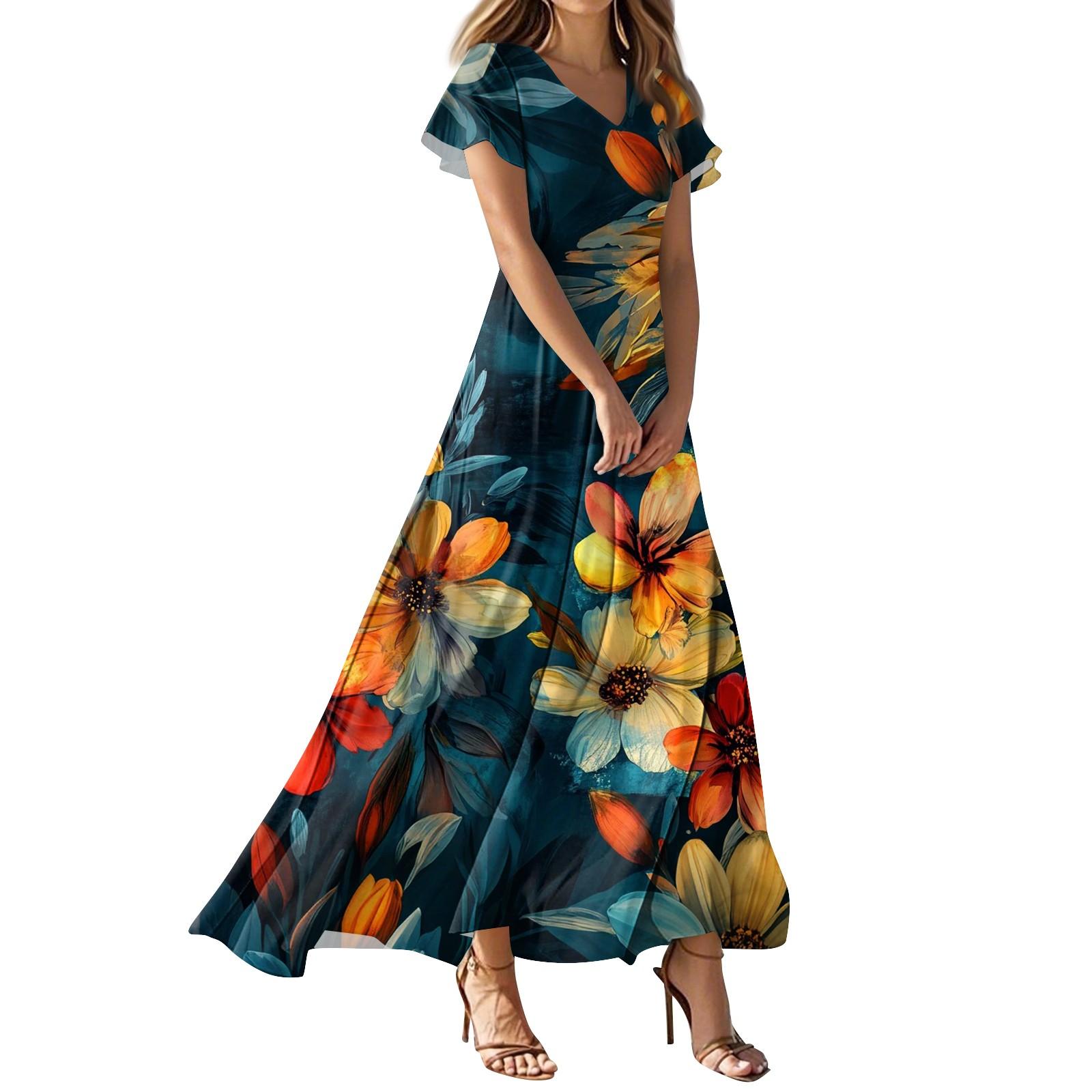 

Женское повседневное платье с V-образным вырезом, коротким рукавом, высокой талией и принтом в виде цветов и листьев в стиле ретро M