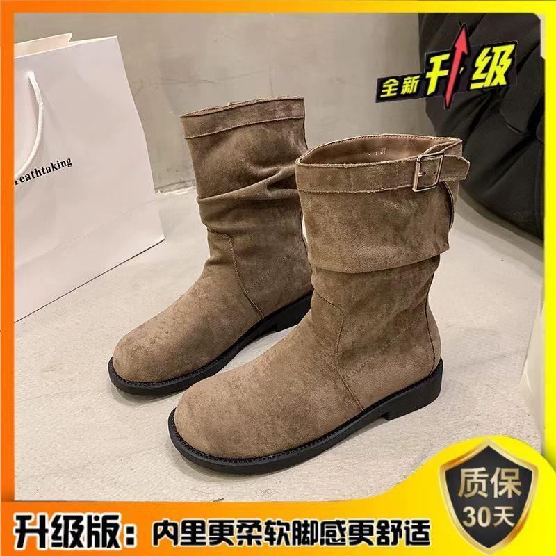 Pleated flat-bottomed stacked boots short boots women's spring and autumn single boots 2025 new autumn and winter Martin boots women's