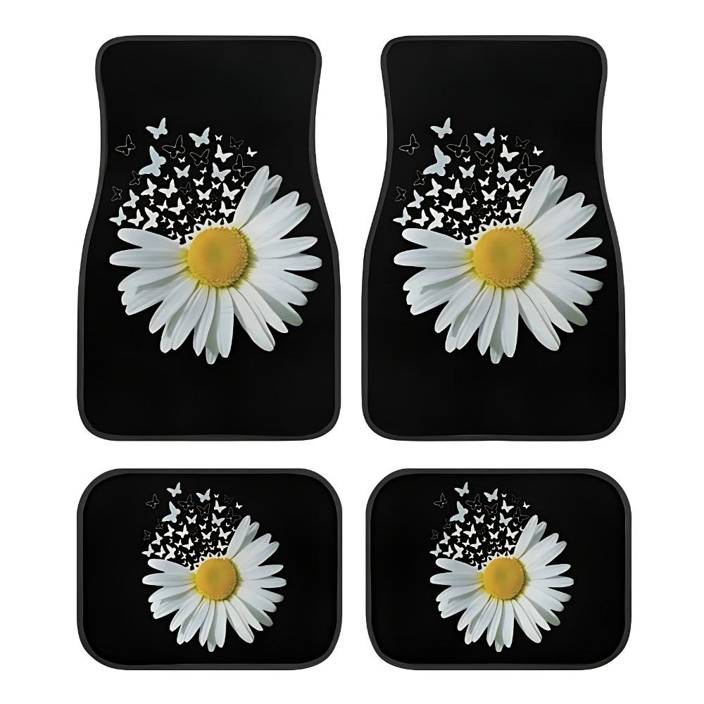 4pcs White Daisy Butterfly Car Non-Slip Carpet | Polyester, Easy To Clean & Install, Suitable for Cars & SUVs, Universal Fit