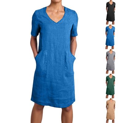 Fashion Ladies Casual Loose Retro Cotton And Linen Short-sleeved V-neck Pocket Dress