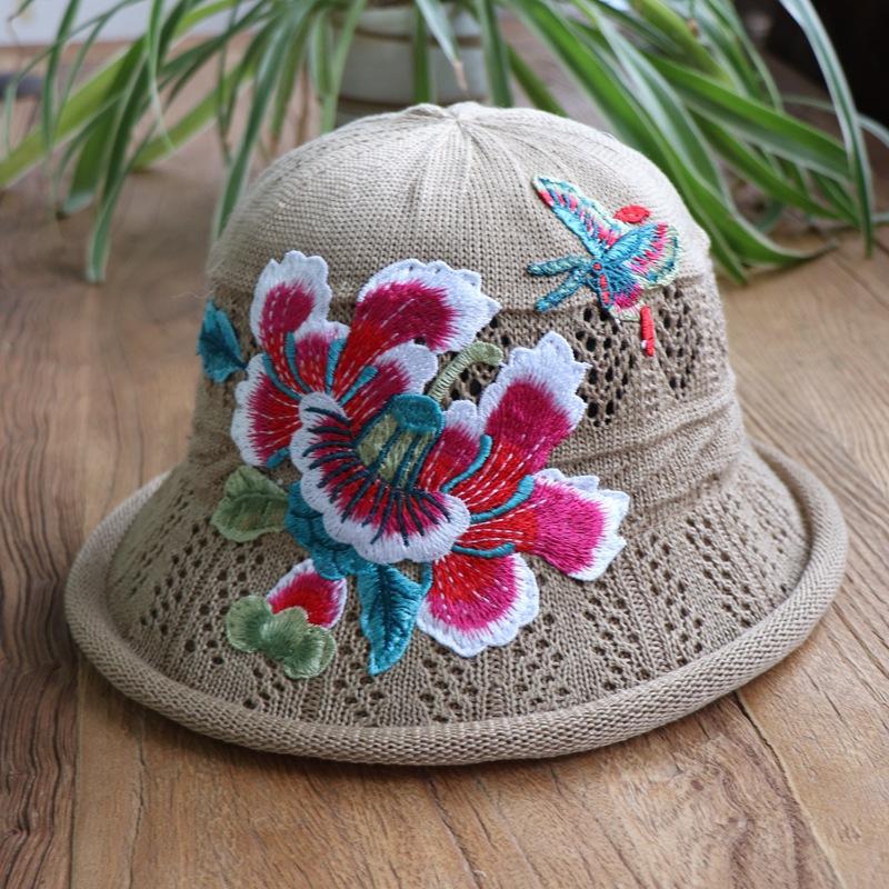 Vår og sommer etnisk vind broderi blomst sammenleggbar hatt dame strikkelue sandbøttehatt