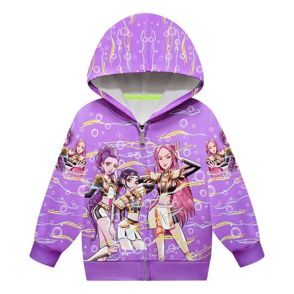 Kids Girls POP Singer Rumi Zoey Mira Printed Casual Hooded Zipper Long Sleeves Jacket Coat