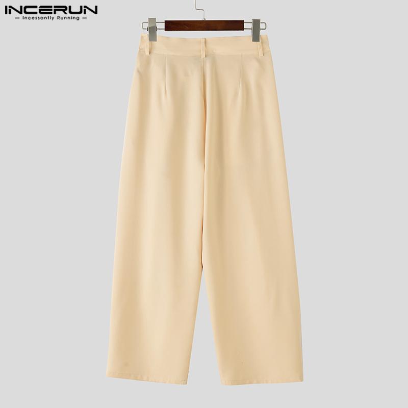 INCERUN Men's High Waist Zipper Ruffled Long Wide Legs Pants Trousers