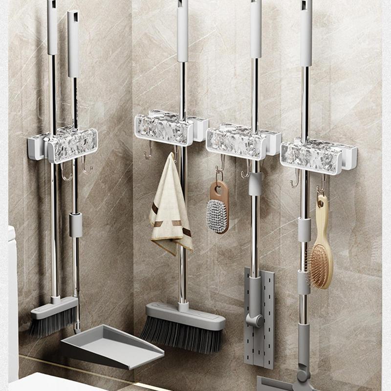 Multipurpose Wall Mount Broom And Mop Holder Self-Adhesive Broom Organizer Clips Space-Saving Mop Holder With Hooks