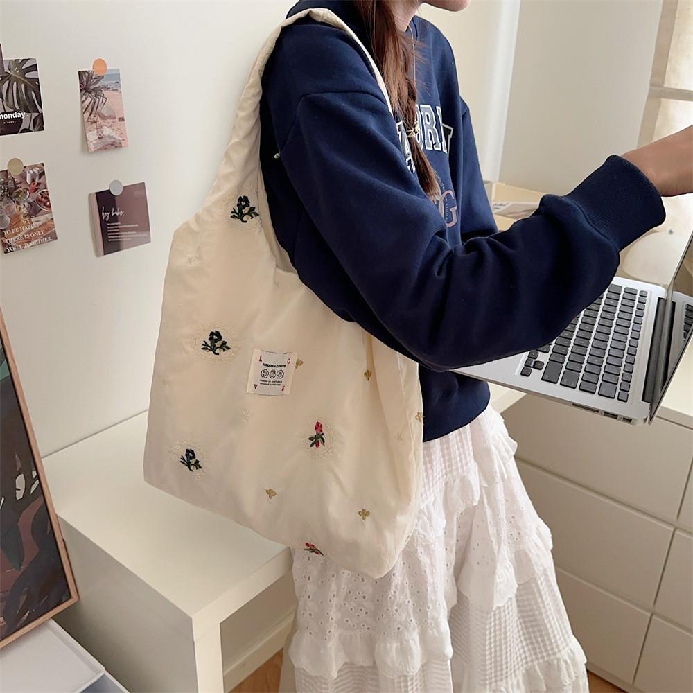 Adorable Floral Canvas Tote Bag For College Students Cute Handheld Shoulder Bag Spacious