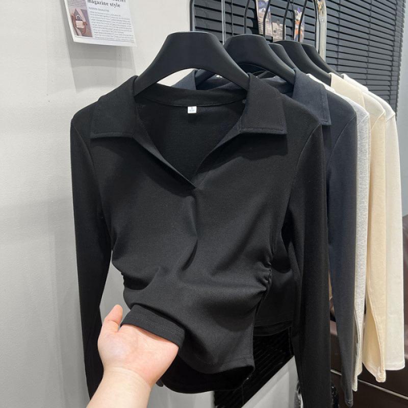 Spring and Autumn New POLO Neck Long Sleeve Women's Slim Skinny Versatile Waist Shoulder T-Shirt