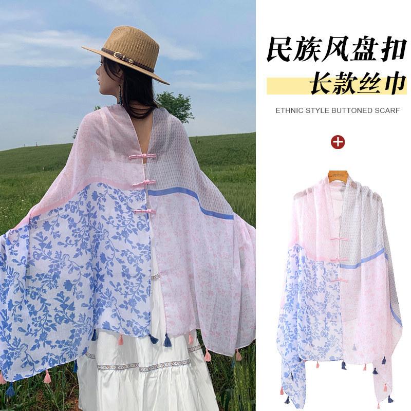 Small fresh white floral silk scarf women's summer travel buckle sunscreen large shawl beach towel thin yarn scarf scarf