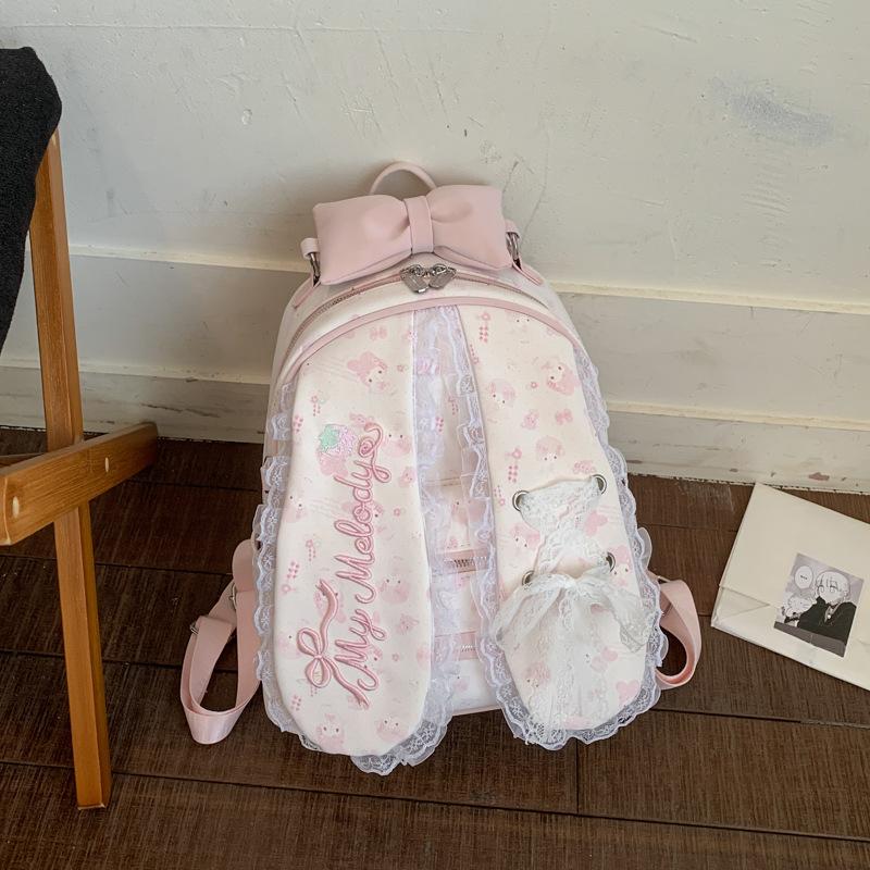 Schoolbag Cream Powder Floral Melody Backpack Sweet Girl Lace Bow Student School Bag Large Capacity Girl Backpack