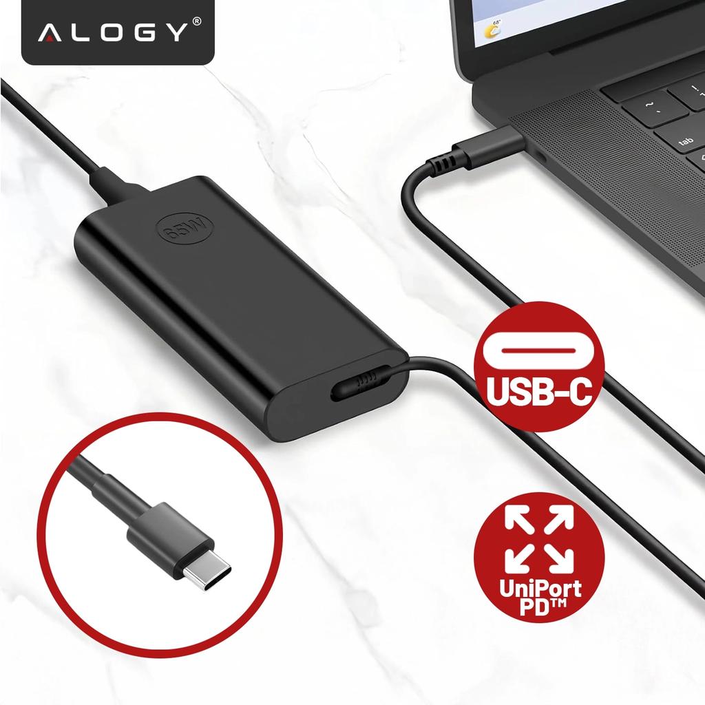 65W USB-C Power Adapter for Hp Lenovo Asus Apple Laptops, Fast Charging 20V 3.25A, Long Cable 2.8M, Compact and Powerful, Alogy Powerboost™ - Black