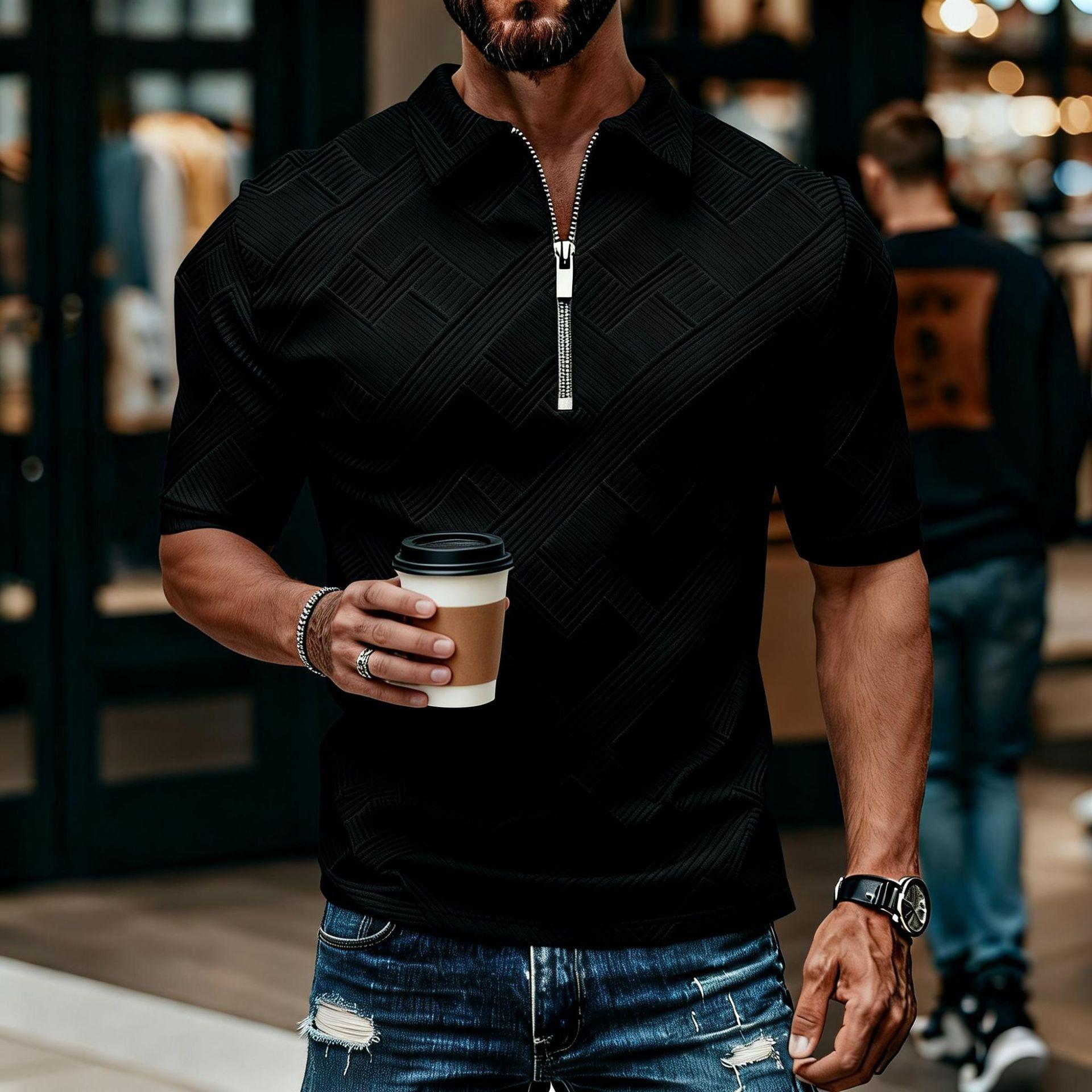 Men Casual Jacquard Summer Short Sleeve Sports Polo Shirt S