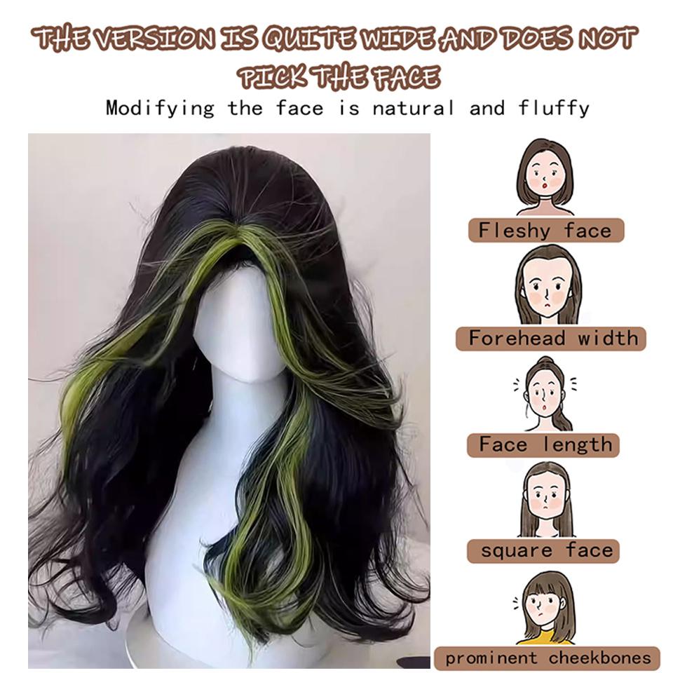 Schwarze Highlights, grünes lockiges Haar, synthetische Perücke für Damen, täglich, flauschige natürliche Wellen, geteilter Pony, zur Auswahl, gefärbte Perücke mit langem lockigem Haar