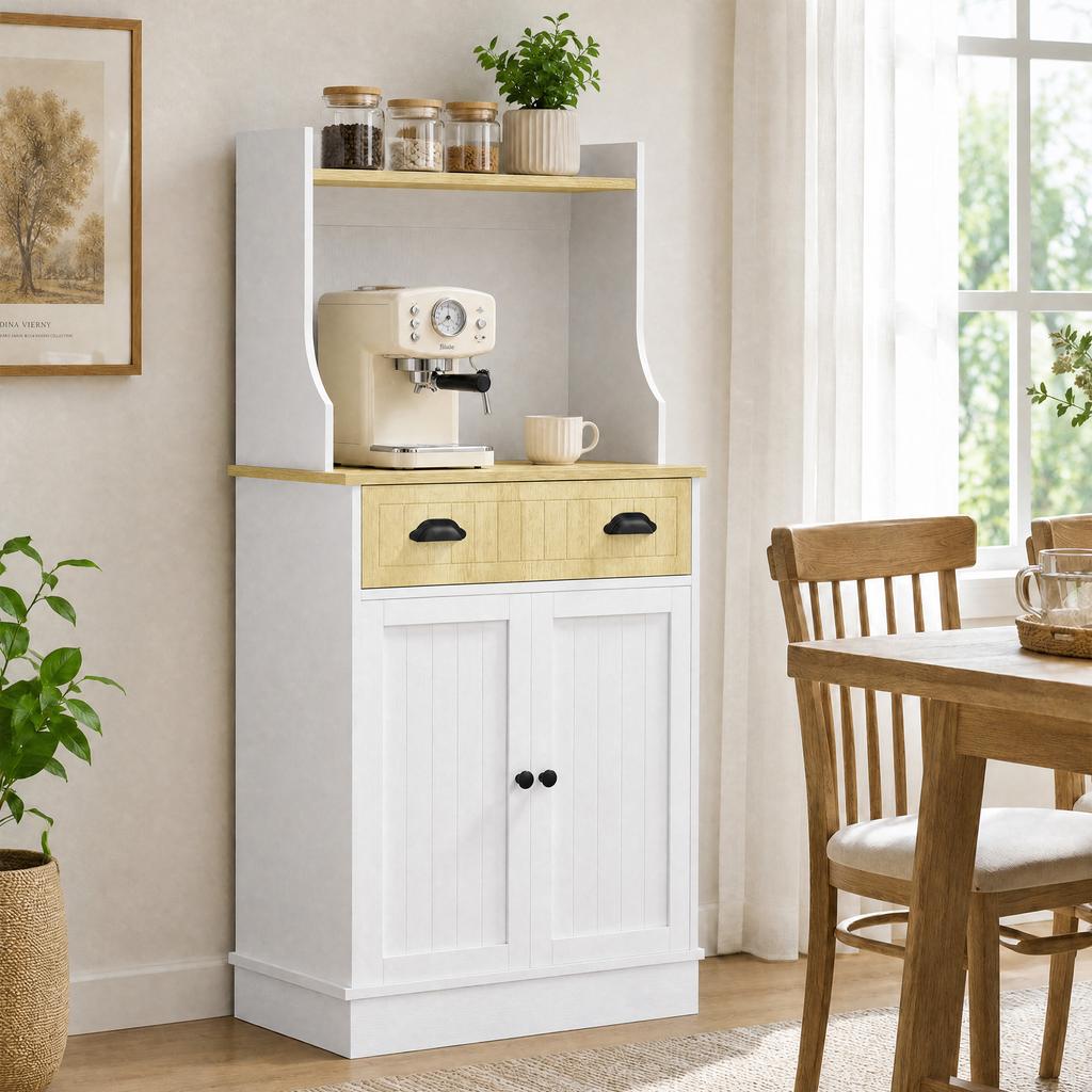 Microwave Cabinet, Open Space, 1 Drawer, 2-Door Cupboard, 61 x 35 x 125.4 cm, Oak