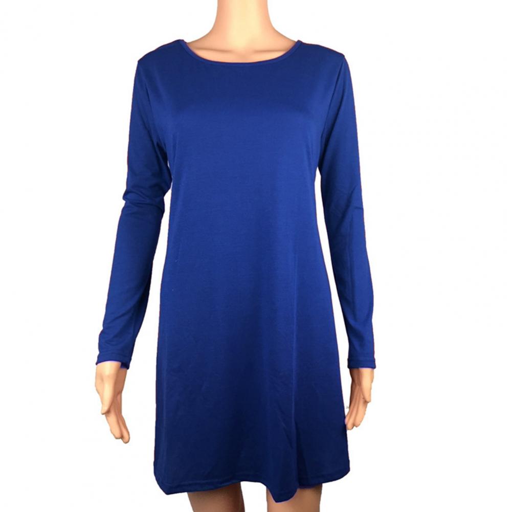 Fall Spring Women Dress Round Neck Loose Long Sleeves Pure Color A-line Pleated Mini Dress Casual Daily Wear School Work Short D