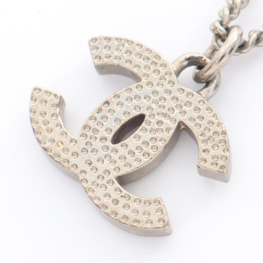 Used CHANEL COCO Mark F13V Necklace Stainless Steel Rhinestone Silver Clear Used