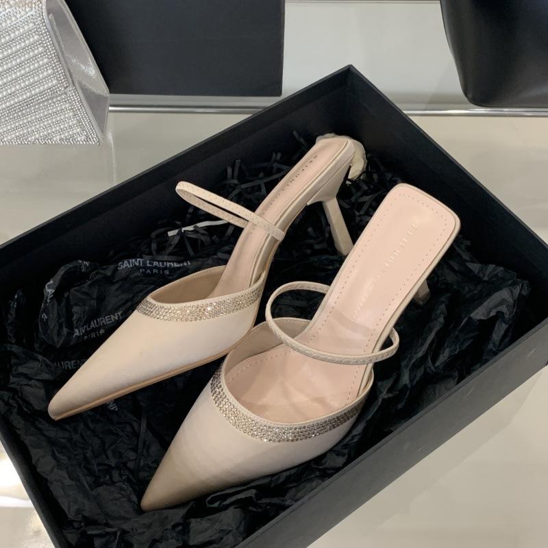 Fashion Luxury Satin Rhinestone Decorated Slide Heeled Sandal Women Sexy Pointed Toe Back Strap High Heels Summer Elegant Women Slippers