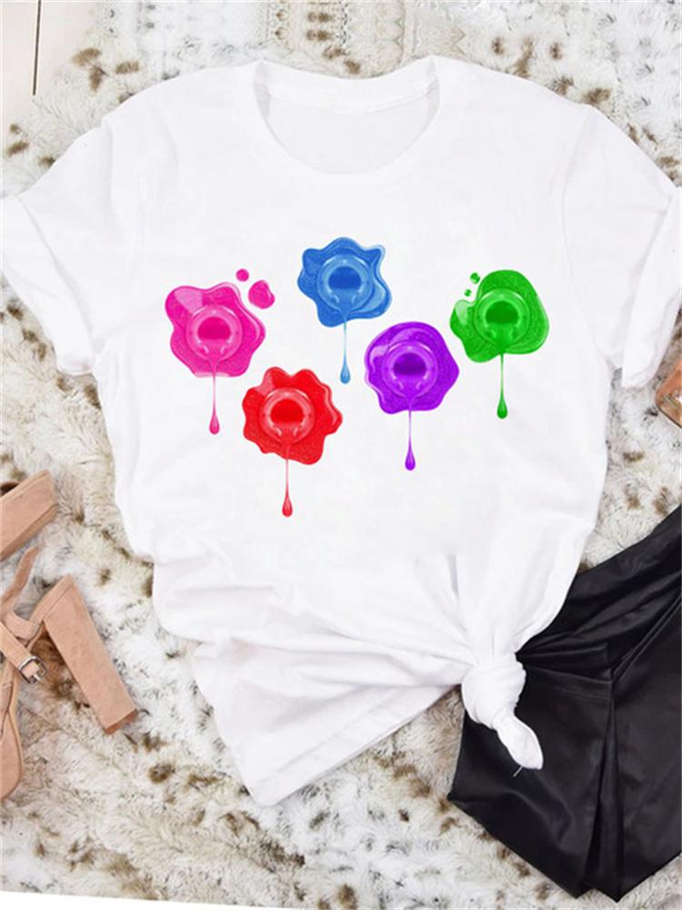 Maycaur New Nail Polishl Women's Fashion Tops 90s Girls Streetwear Casual Short Sleeve T-shirts Women's T-shirts Female Tops Tee