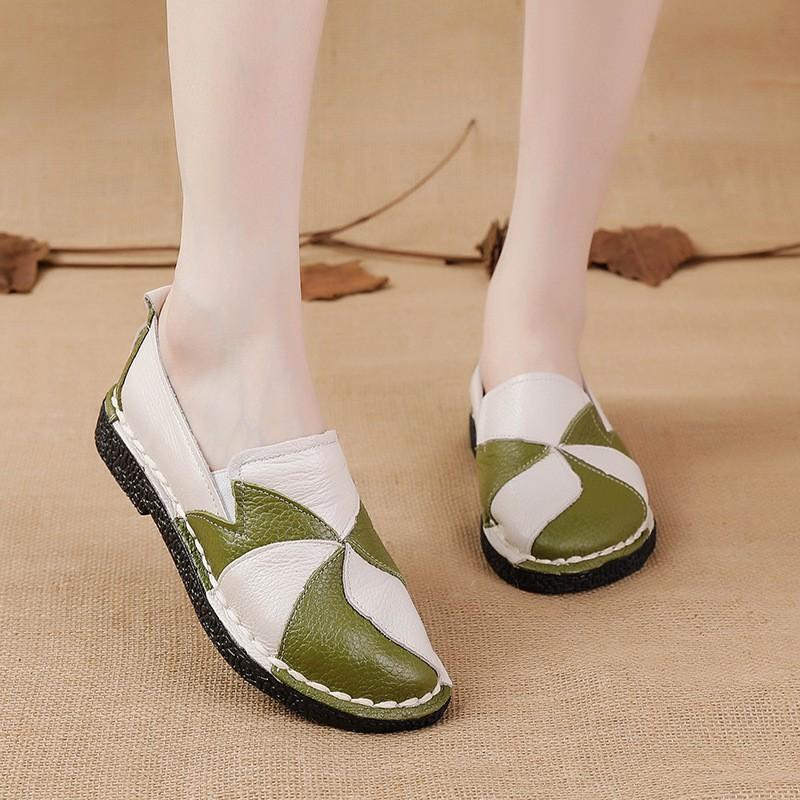 New Flat Women's Shoes Genuine Leather Casual Color-blocking Women's Singles Shoes Middle Mother's Shoes Large Size Shoes