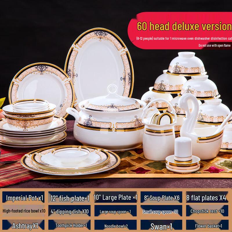 Ru Han Vienna Juego de Vajilla de Cerámica de 60 Piezas con Borde Dorado