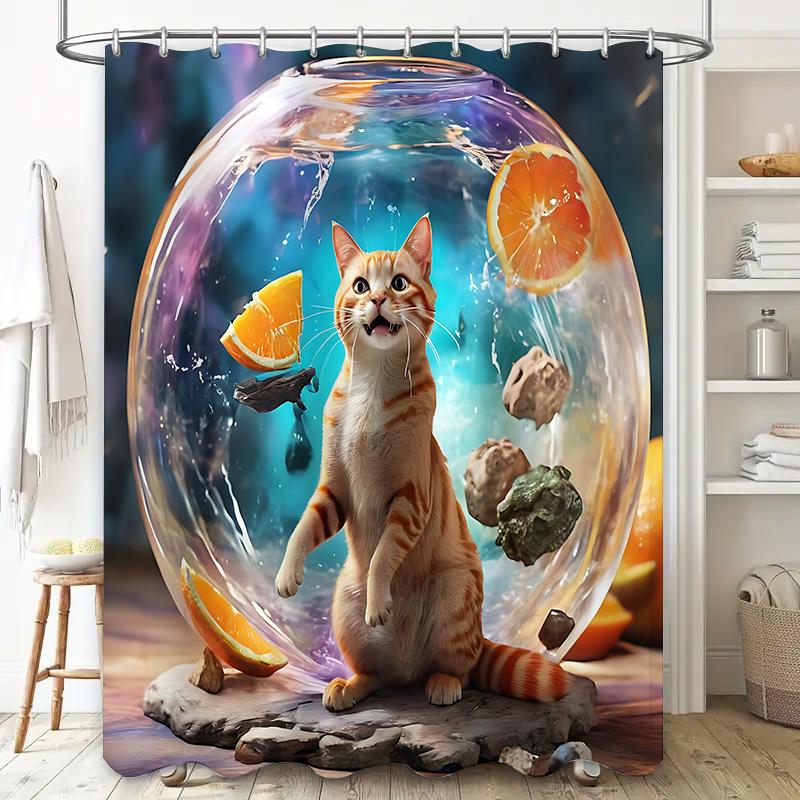Cute Cat In Bubble Digital Art Shower Curtain For Home Decoration - Creative And Fun Design Easy To Install And Maintain