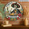 2D Flat, 1pc Round Aluminum Tequila Served Here Sign, Mexican Sugar Skull & Sombrero Metal Wall Art, Day of the Dead Style Tequila Bar Decor