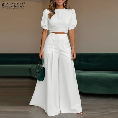 Women Short Sleeve Cropped Tops and Wide Leg Pants Two Piece Suit Sets