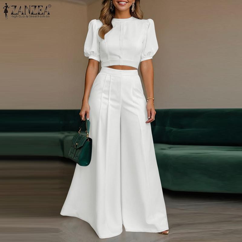 ZANZEA Women Short Sleeve Cropped Tops and Wide Leg Pants Two Piece Suit Sets