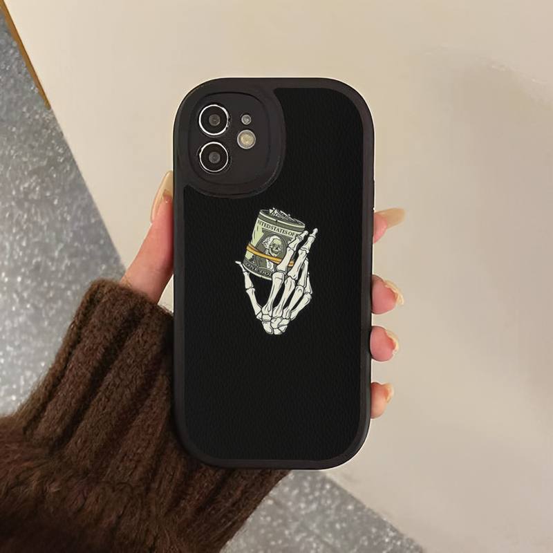 Yinuoda Lustige Totenkopf-Währungs-Telefonhülle, Hartleder-Telefonhülle für iPhone 13 12 Mini 11 14 Pro Max Xs X Xr 7 8 Plus 6 6s Se