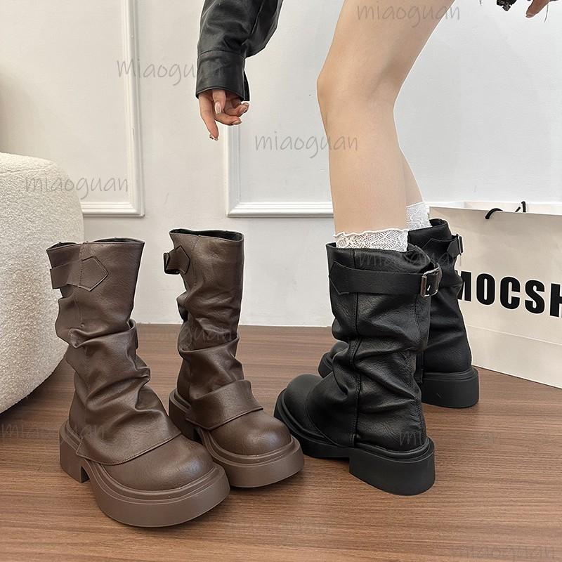 Fashion Autumn Vintage Thick Bottom Woman Knight Boots Fashion Belt Buckle Ladies Slip on Short Booties Black Brown PU Pleated Botas