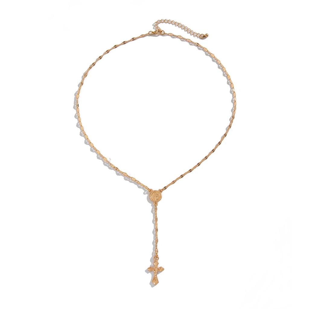 Fashion Sense Cross Alloy Pendant Necklace Gemstone Beaded Collar Chain