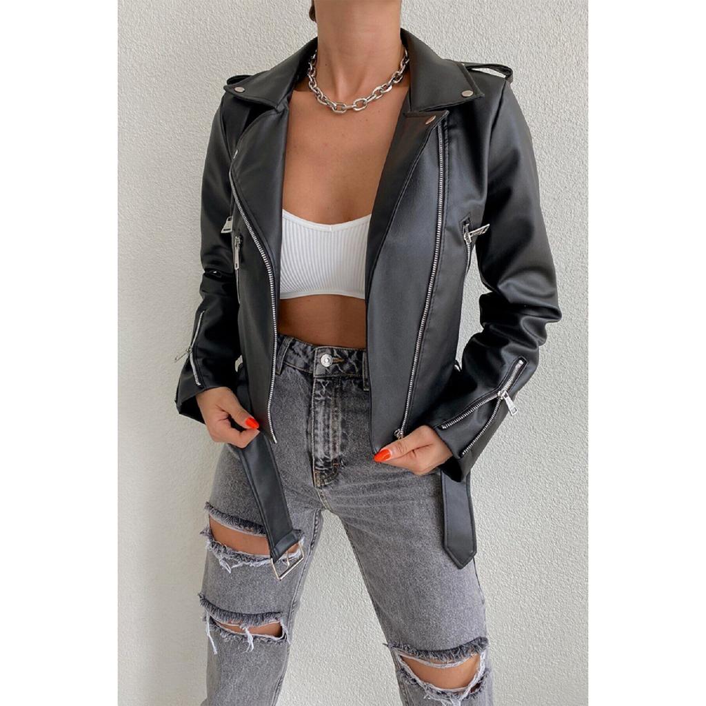 Women's Black Pocket Detailed Leather Jacket