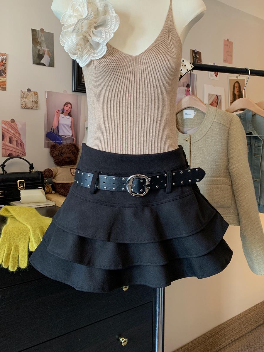 Stylish Ruffled Woolen Short Skirt for Women - Autumn/Winter High-Waisted Slim Fit Extra Large чёрный