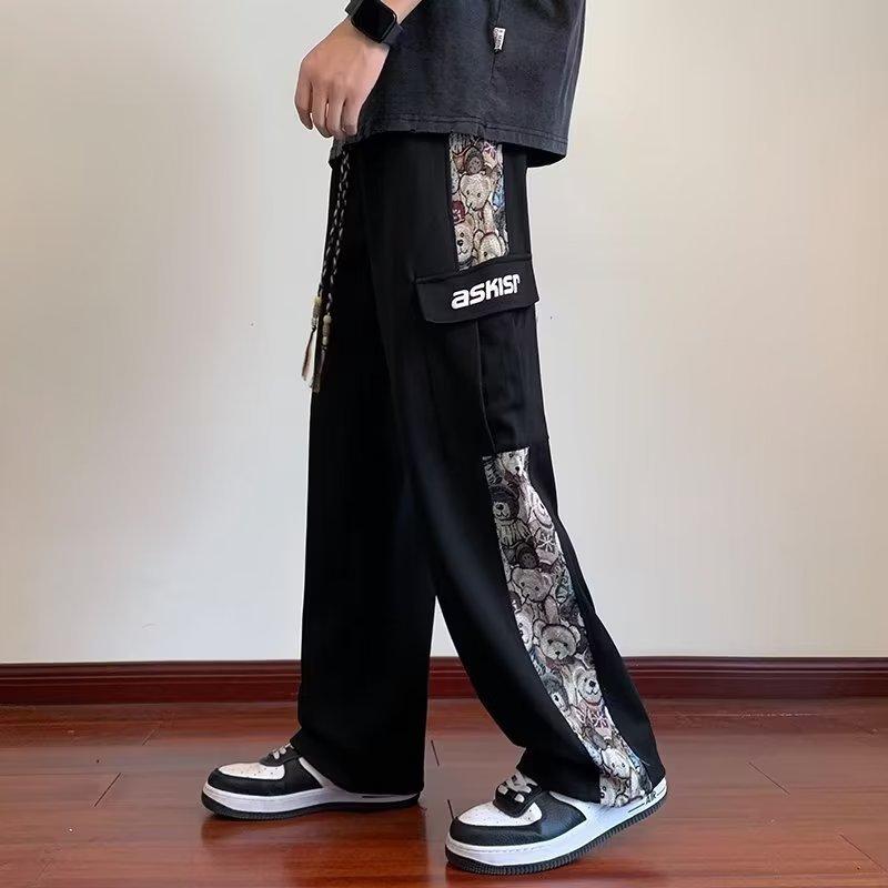 

Осенние новые лоскутные рабочие брюки с медведем, мужские весенне-осенние свободные спортивные брюки большого размера, трендовые прямые повседневные брюки мужские M-4XL 3XL чёрный