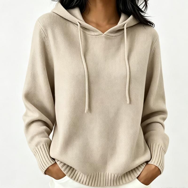 Hooded Knitted Hoodie Women's Autumn/Winter Hoodie Drawstring Pocket Sweater Women's Casual Solid Color Women