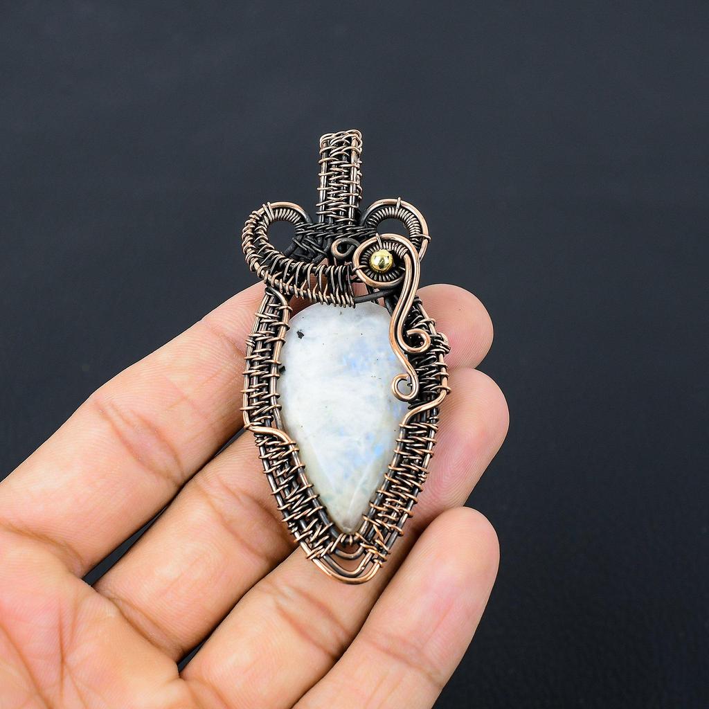 Moonstone Gemstone Pure Copper Wire Wrapped Handmade Pendant Jewelry For Gift