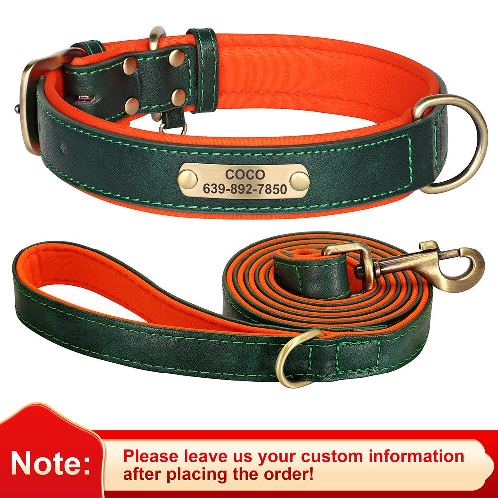 Personalized Dog ID Collar With Leash Soft Padded PU Leather Dogs Collar and Leash Set Anti-lost Tag For Small Medium Large Dogs