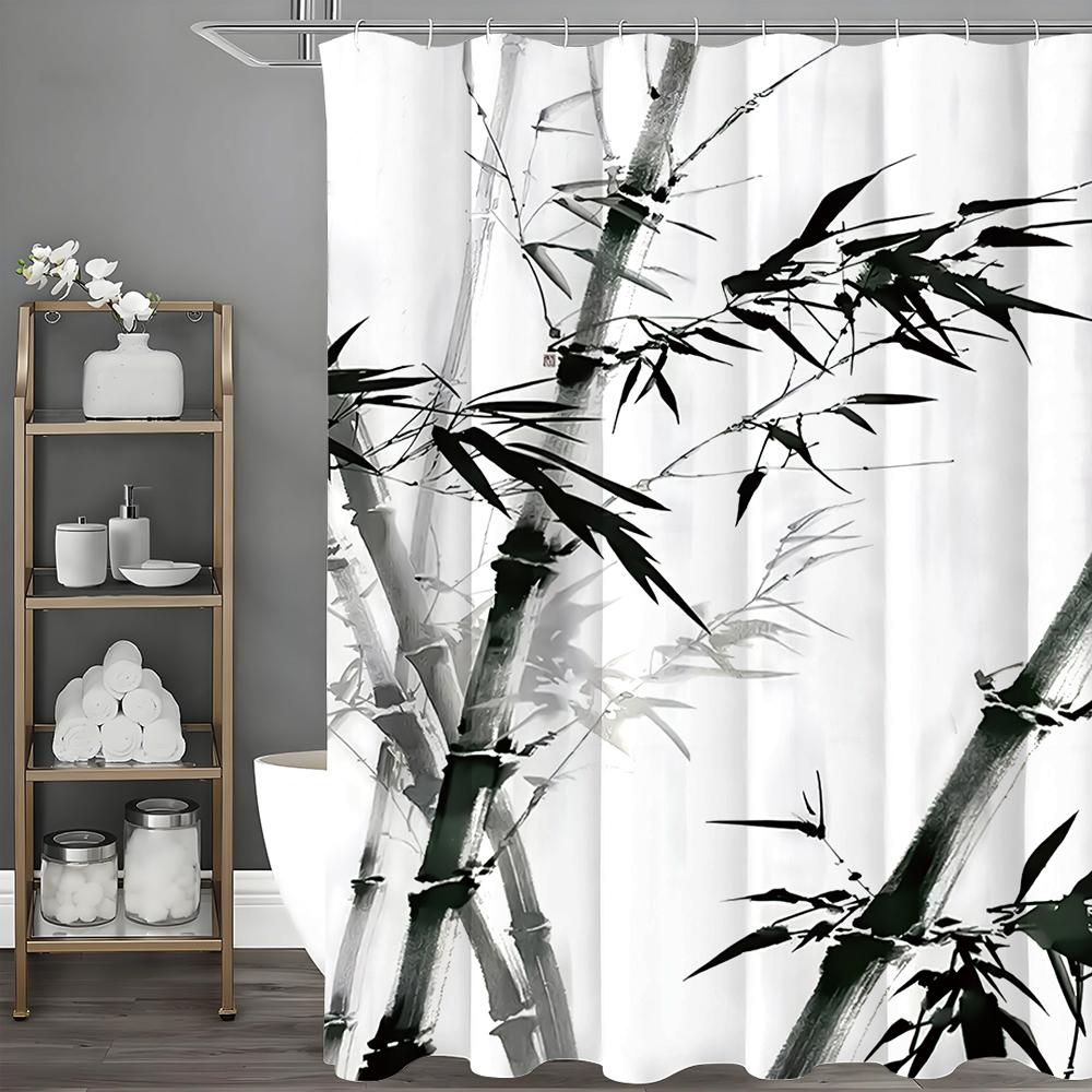 Chinese Ink Painting Bamboo Shower Curtain, Bathroom Decorative Shower Curtain, Waterproof Shower Curtain with Hooks