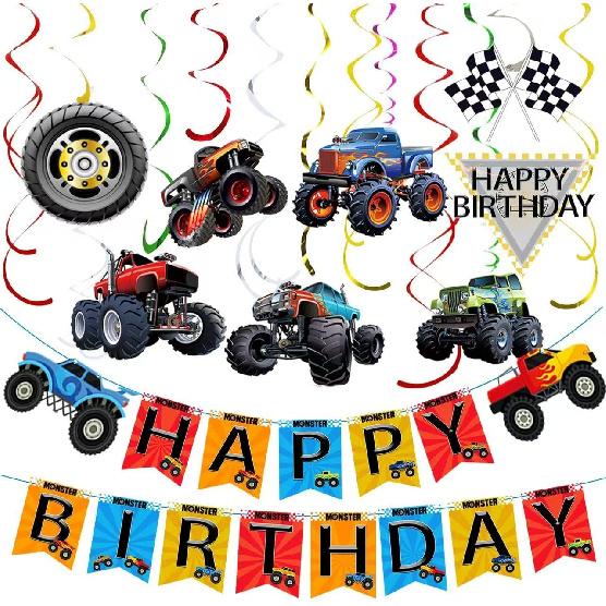 Monster Truck Birthday Party Decorations Includes Happy Birthday Banner 8 Pack of Monster Truck Hanging Swirls and 6 Tw Foil Swirls