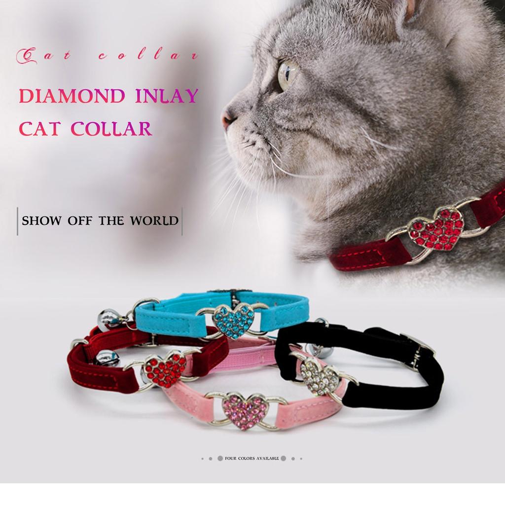 Cute Crystal Elastic Dog Collar Velvet Bell Heart Shape Pet Necklacce