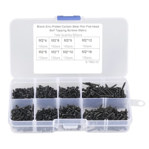 

Walfront M2 Screws, 800-Piece Black Carbon Steel Countersunk Head Self-Tapping Screw Set with Box, 8 Lengths, Cross Head, M2 Black Carbon Steel Counte