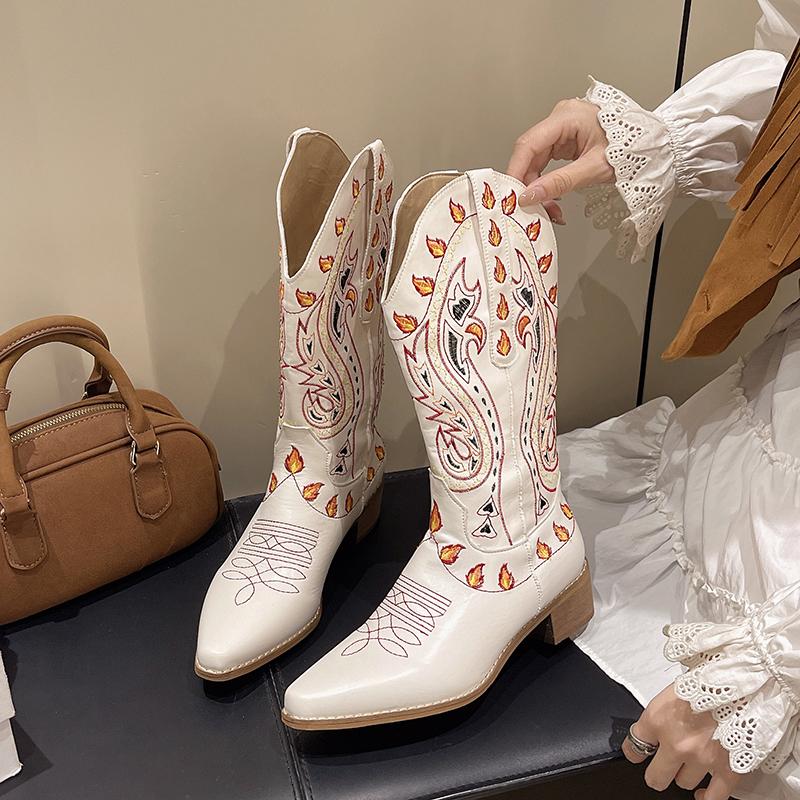 Women's Mid-Calf Boots, Western Boots, Hollow Thick Heels, Embroidered Flame Knight Boots