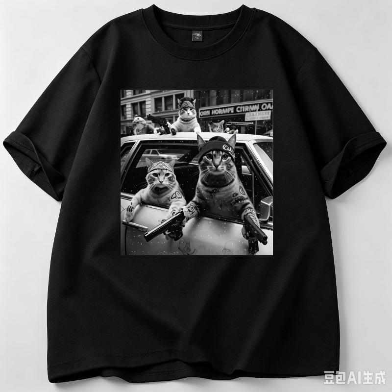 Gangster Tattoo Cats In Car Graphic T Shirt Casual Funny Animal Streetwear Short Sleeve Tee
