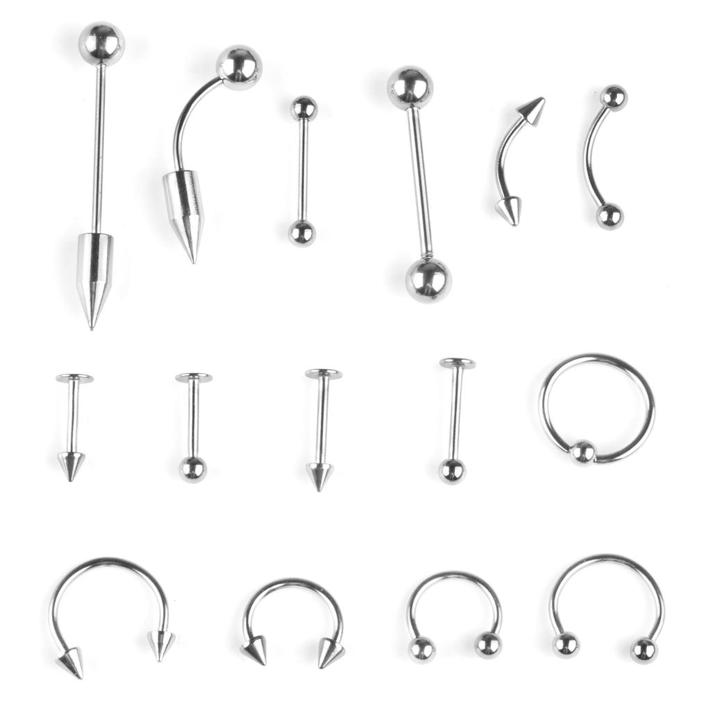 15 Kombinations-Zungennägel, gemischtes Set, Edelstahl, Lippennägel, Augenbrauennägel, Nasennägel, Nabelring-Piercing