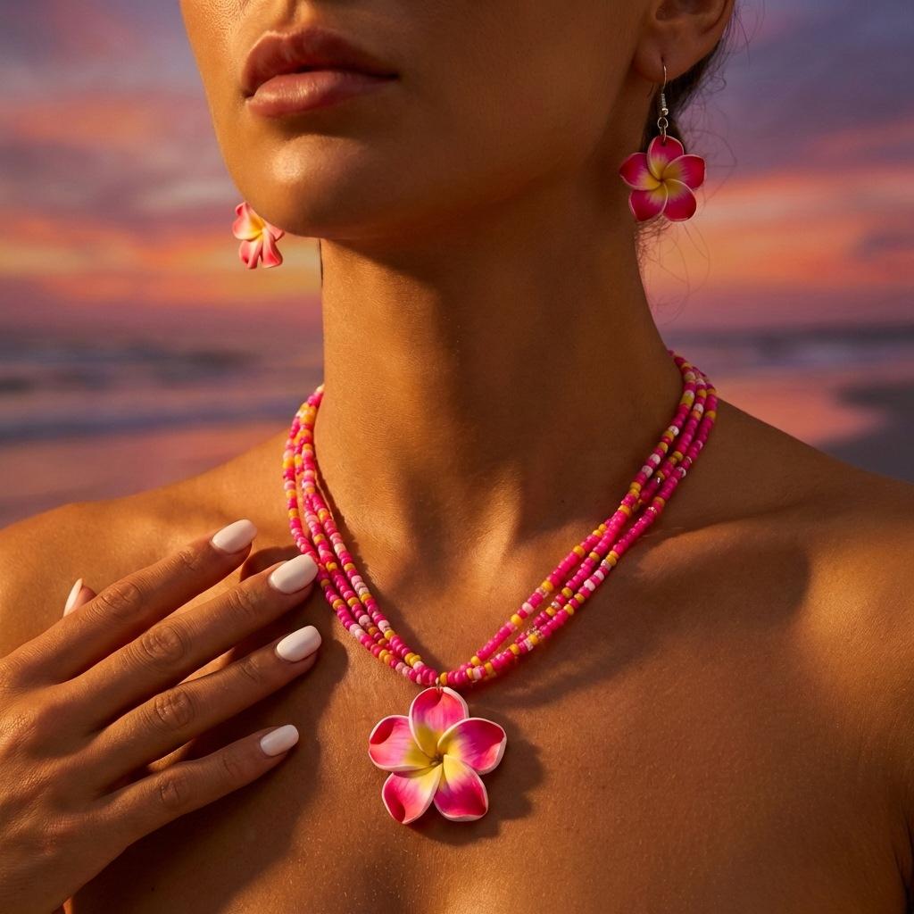 

Women s Bohemian Jewelry Set: Vacation Style Frangipani Beaded Layered Necklace, Pendant, and Earrings 1