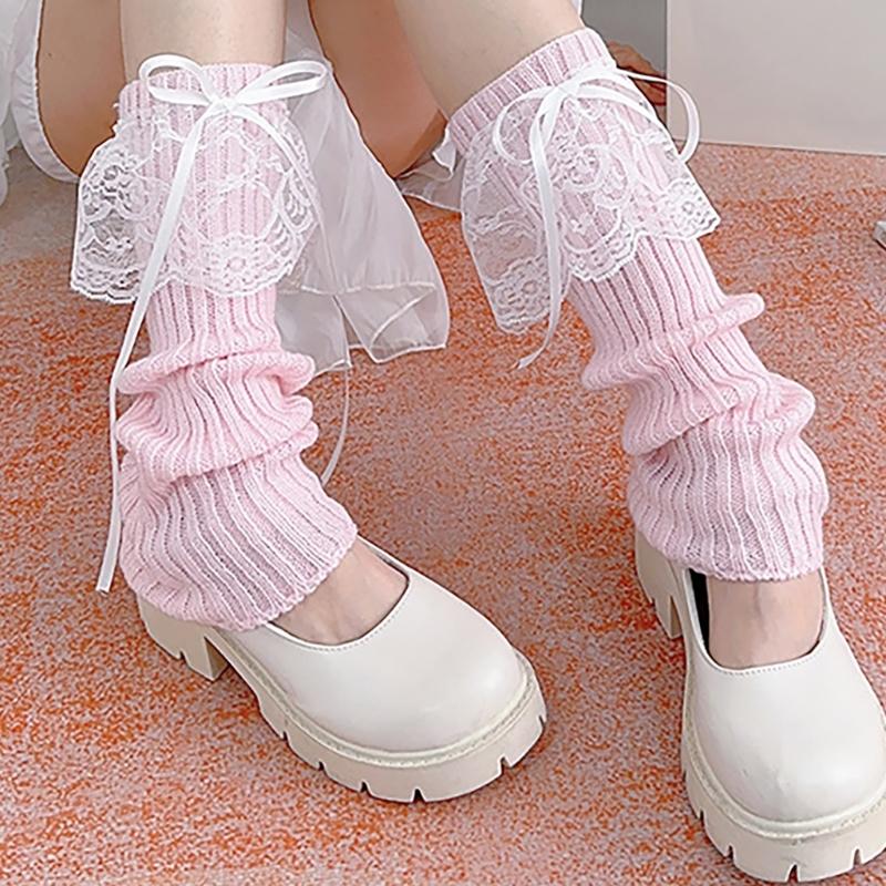 Elegant Ribbed Knit Stretch Leg Warmers Boot Covers Lace Trimmed Ribbon Bowknot Leg Sleeve Knee Length Socks for Women