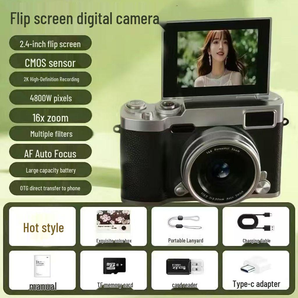 4K Digital Camera with Flip Screen for Selfies, 9600W HD High Pixel Quality