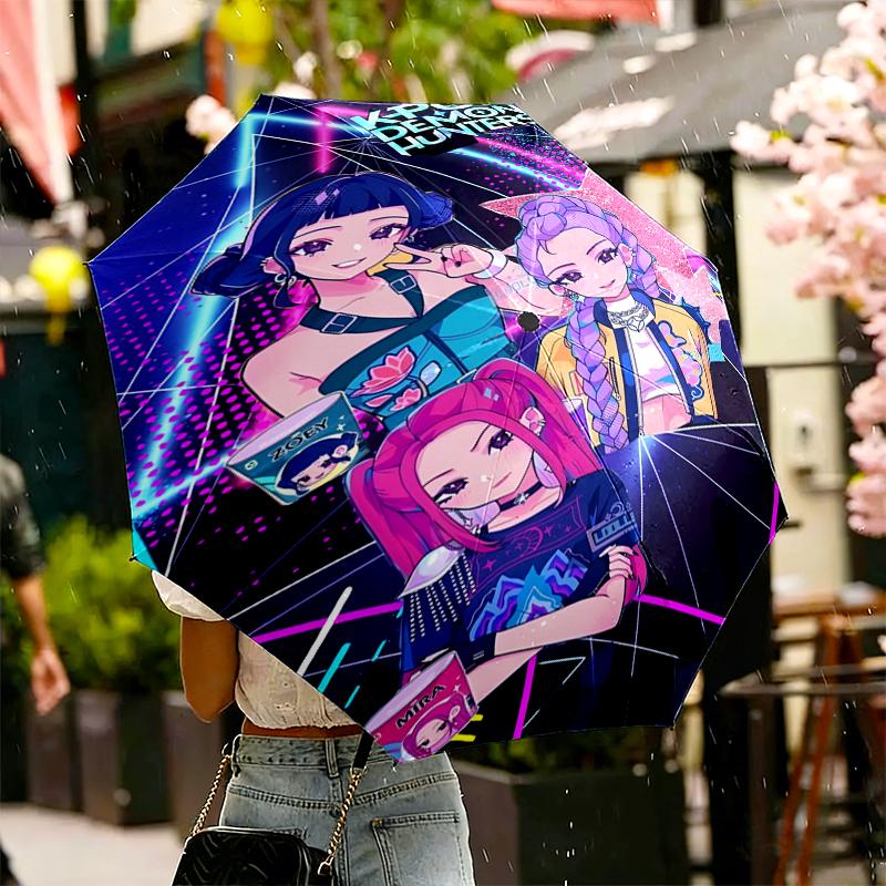 Ombrello KPop Demon Hunters con Stampa Apertura/Chiusura Automatica - Design Pieghevole Portatile - Uso Quotidiano per Viaggi/Outdoor - Regalo per Compleanno